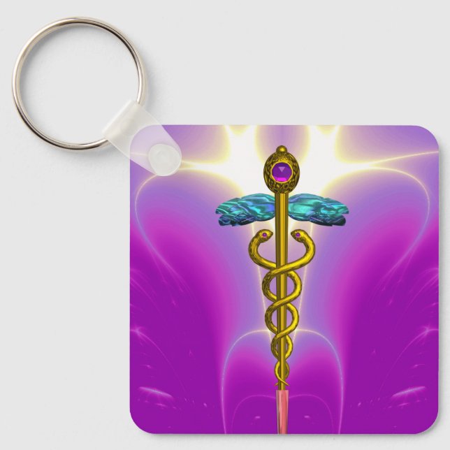 GOLD CADUCEUS MEDICAL SYMBOL,Pink Fuchsia Key Ring (Front)