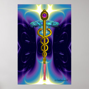 GOLD CADUCEUS Medical Symbol Purple Blue Waves Poster