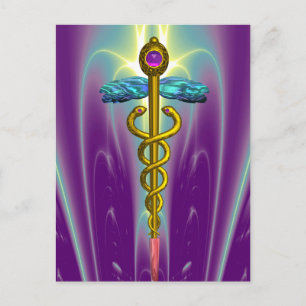 GOLD CADUCEUS MEDICAL SYMBOL PURPLE FRACTAL WAVES POSTCARD