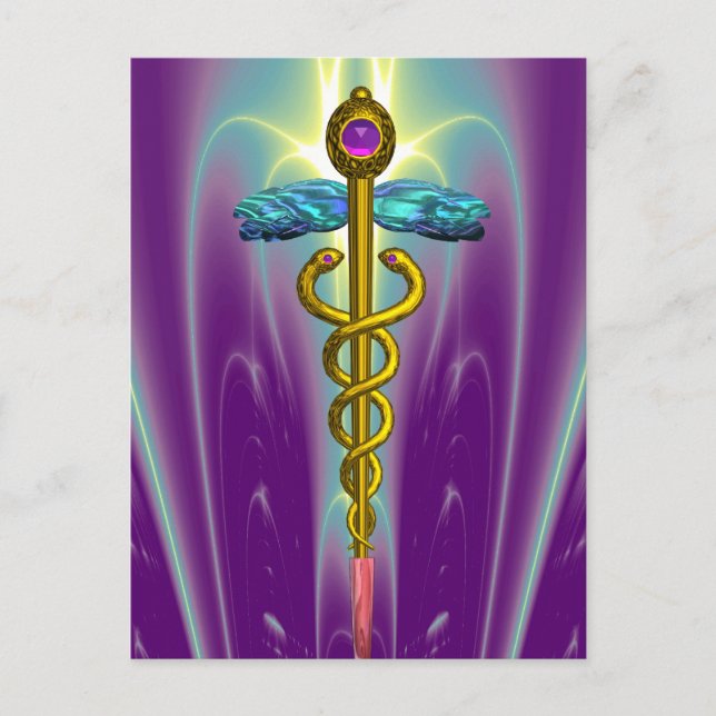 GOLD CADUCEUS MEDICAL SYMBOL PURPLE FRACTAL WAVES POSTCARD (Front)