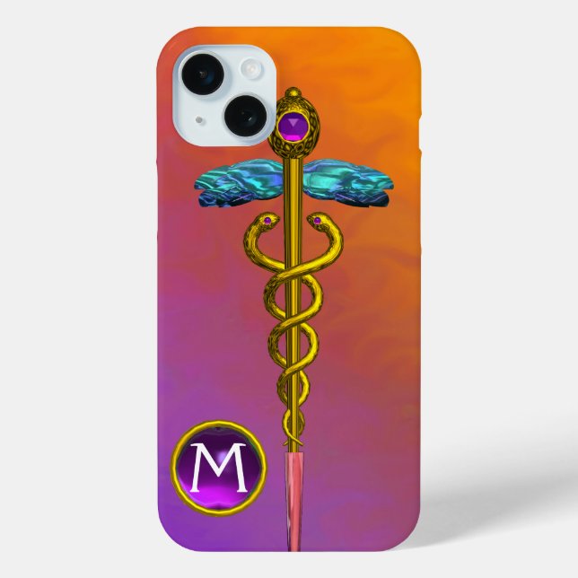 GOLD CADUCEUS MEDICAL SYMBOL Purple Gem Monogram Case-Mate iPhone Case (Back)