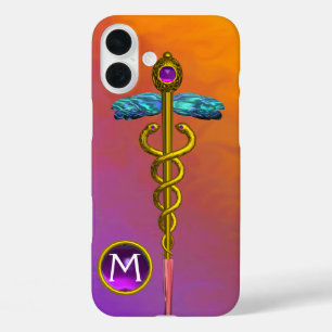 GOLD CADUCEUS MEDICAL SYMBOL Purple Gem Monogram iPhone 16 Plus Case
