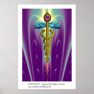 GOLD CADUCEUS Medical Symbol Purple Green Waves Poster