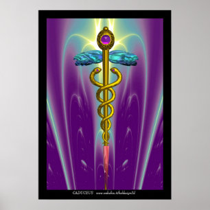GOLD CADUCEUS Medical Symbol Purple Green Waves Poster