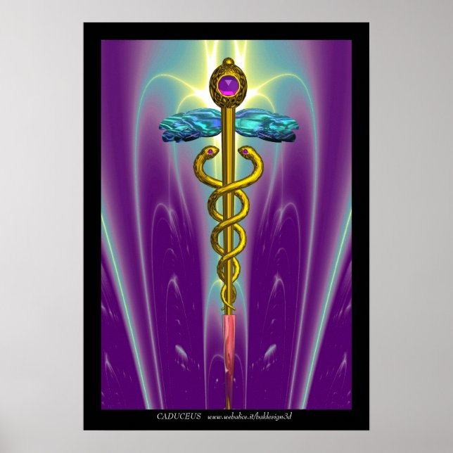 GOLD CADUCEUS Medical Symbol Purple Green Waves Poster (Front)