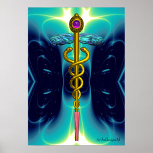 GOLD CADUCEUS Medical Symbol Teal Aqua Blue Waves Poster