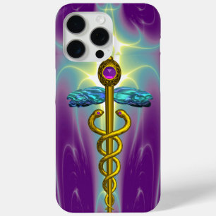 GOLD CADUCEUS MEDICAL SYMBOL ,Teal Green Purple iPhone 15 Pro Max Case