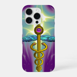GOLD CADUCEUS MEDICAL SYMBOL ,Teal Green Purple iPhone 16 Pro Case