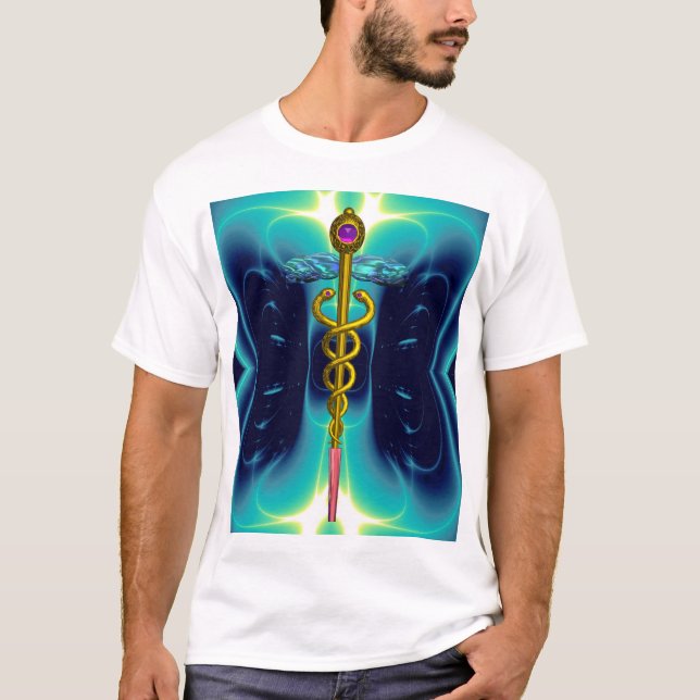 GOLD CADUCEUS MEDICAL SYMBOL, Teal Turquoise Blue T-Shirt (Front)