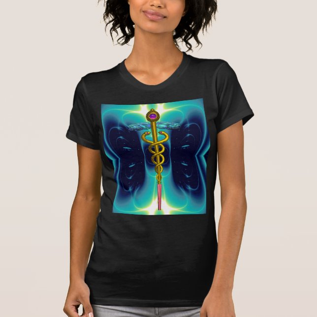GOLD CADUCEUS MEDICAL SYMBOL, Teal Turquoise Blue T-Shirt (Front)