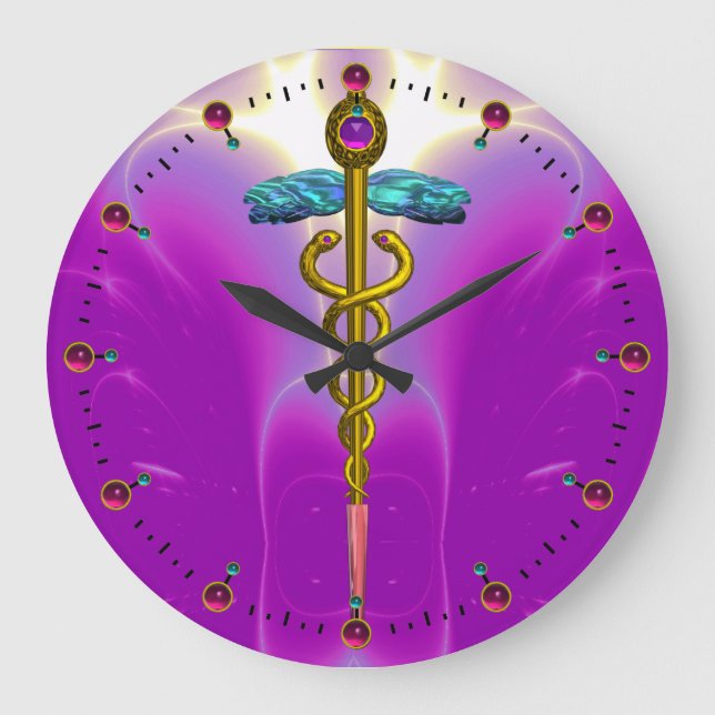GOLD CADUCEUS Medical Symbol Vibrant Pink Fuchsia Large Clock (Front)
