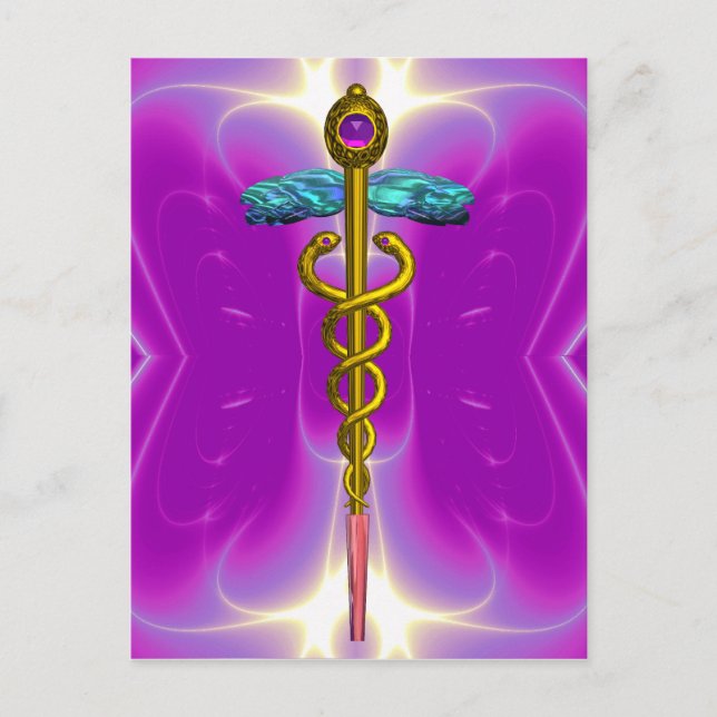 GOLD CADUCEUS MEDICAL SYMBOL VIOLET PINK FRACTALS POSTCARD (Front)