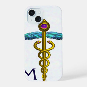 GOLD CADUCEUS MEDICAL SYMBOL White Monogram iPhone 15 Case