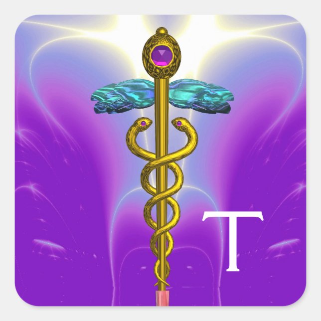 GOLD CADUCEUS MONOGRAM ,Purple Blue Square Sticker (Front)