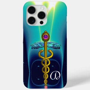 GOLD CADUCEUS MONOGRAM ,Teal Aqua blue iPhone 15 Pro Max Case