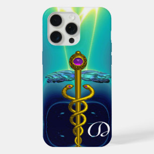 GOLD CADUCEUS MONOGRAM ,Teal Aqua blue iPhone 15 Pro Max Case
