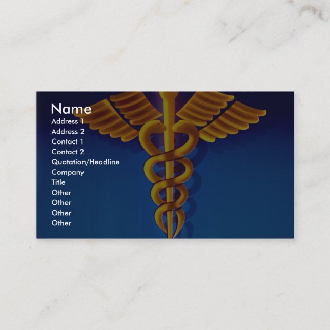 Gold caduceus over blue medical background business card (Front)
