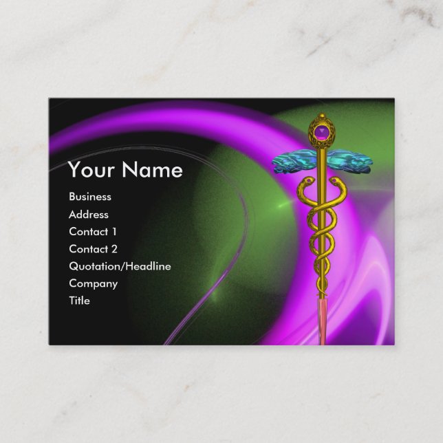 GOLD CADUCEUS , PURPLE GREEN VIOLET FRACTAL SWIRLS BUSINESS CARD (Front)