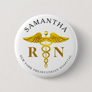 Gold Caduceus Registered Nurse Name 6 Cm Round Badge