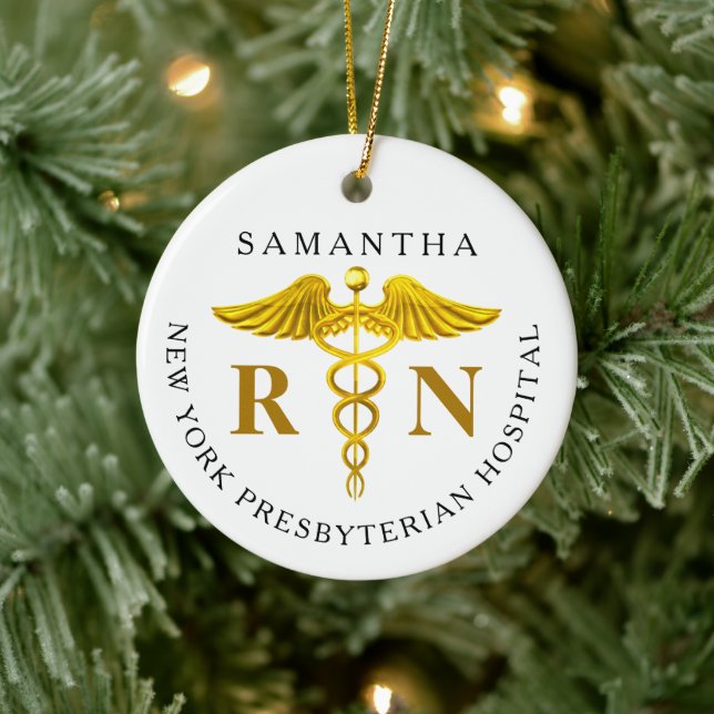 Gold Caduceus Registered Nurse Photo Ceramic Ornament (Tree)