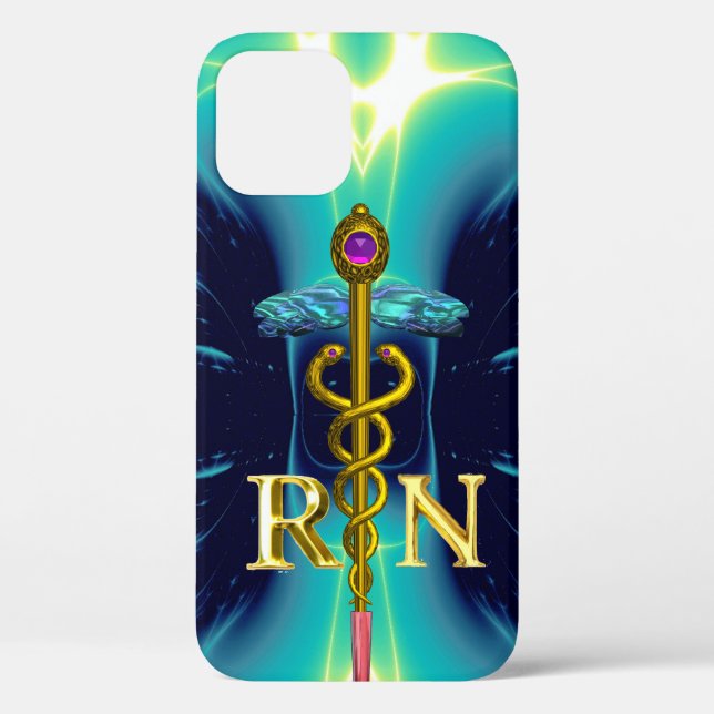 GOLD CADUCEUS REGISTERED NURSE SYMBOL Aqua Blue Case-Mate iPhone Case (Back)
