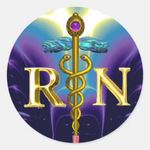 GOLD CADUCEUS REGISTERED NURSE SYMBOL Blue Purple Classic Round Sticker