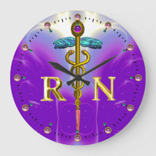 GOLD CADUCEUS REGISTERED NURSE SYMBOL,Blue Purple Large Clock