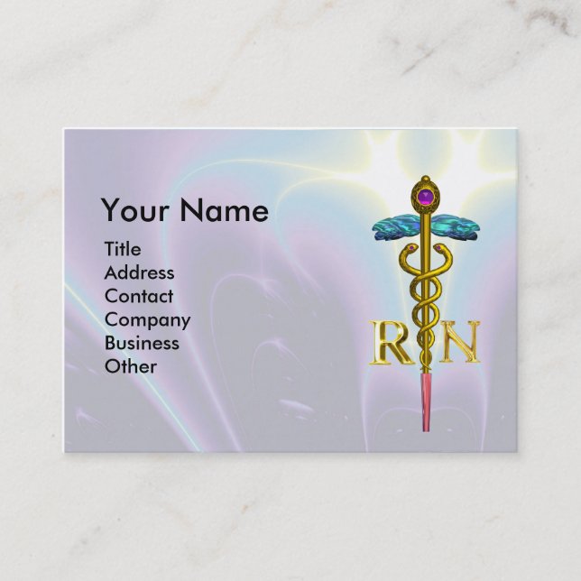 GOLD CADUCEUS REGISTERED NURSE SYMBOL Light Blue Business Card (Front)