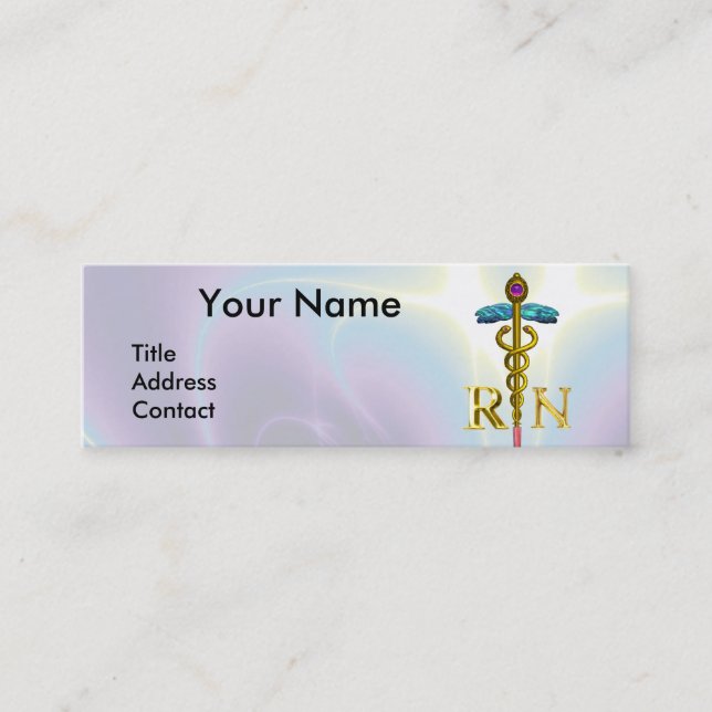 GOLD CADUCEUS REGISTERED NURSE SYMBOL Light Blue Mini Business Card (Front)
