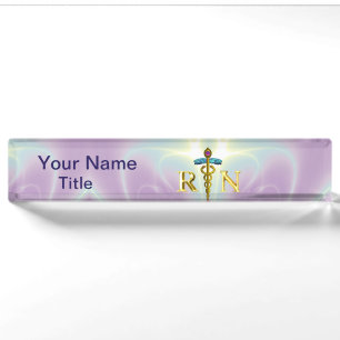 GOLD CADUCEUS REGISTERED NURSE SYMBOL Light Purple Nameplate