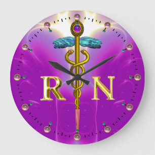 GOLD CADUCEUS REGISTERED NURSE SYMBOL,Pink Fuchsia Large Clock
