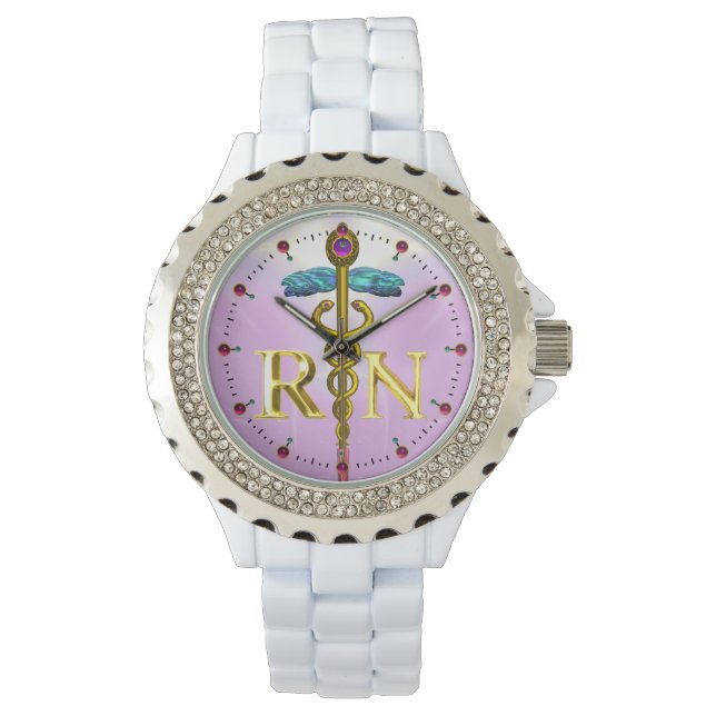 GOLD CADUCEUS REGISTERED NURSE SYMBOL / Pink,Lilac Watch (Front)