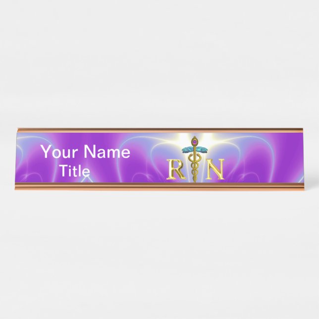 GOLD CADUCEUS REGISTERED NURSE SYMBOL Pink Purple Desk Name Plate (Front)