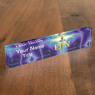 GOLD CADUCEUS REGISTERED NURSE SYMBOL /Purple Blue Nameplate