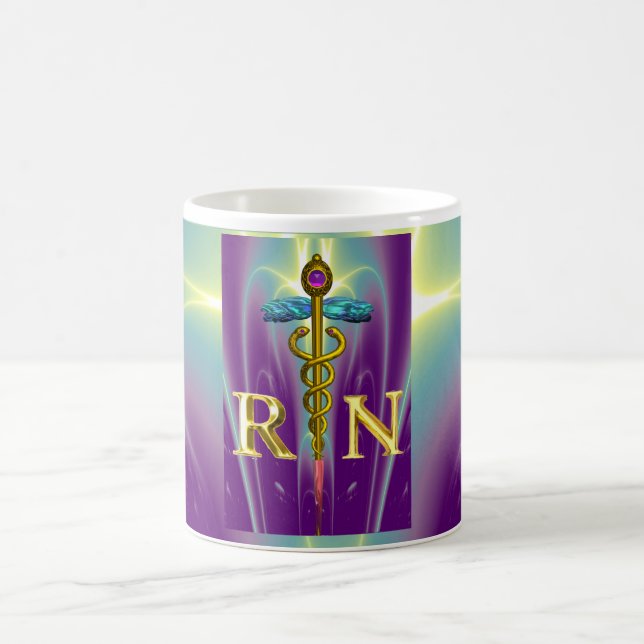 GOLD CADUCEUS REGISTERED NURSE SYMBOL Purple Green Coffee Mug (Center)