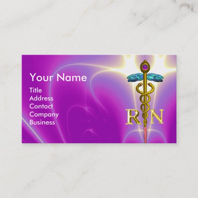 GOLD CADUCEUS REGISTERED NURSE SYMBOL Purple Pink Business Card (Front)