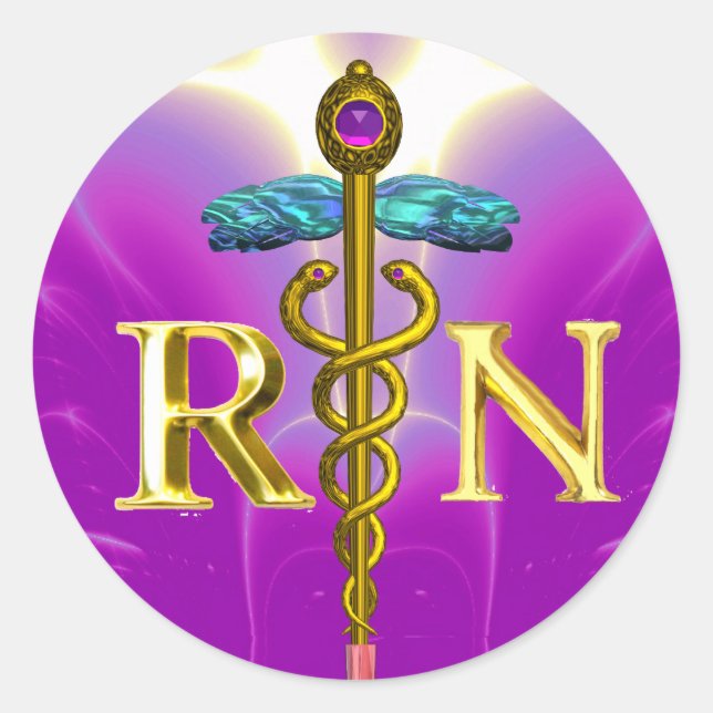GOLD CADUCEUS REGISTERED NURSE SYMBOL Purple Pink Classic Round Sticker (Front)