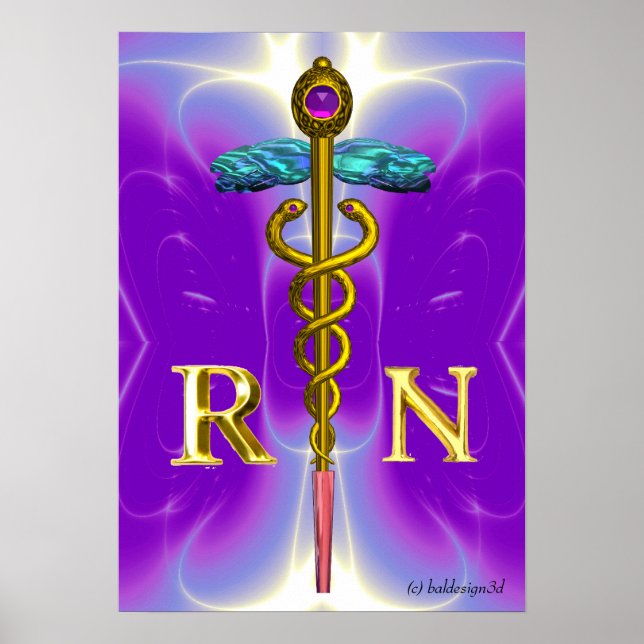 GOLD CADUCEUS REGISTERED NURSE SYMBOL,Purple Poster (Front)