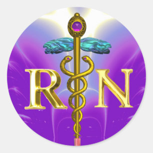 GOLD CADUCEUS REGISTERED NURSE SYMBOL Purple Teal Classic Round Sticker