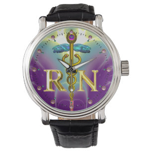 GOLD CADUCEUS REGISTERED NURSE SYMBOL Purple Teal Watch
