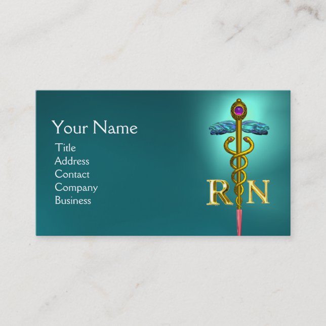 GOLD CADUCEUS REGISTERED NURSE SYMBOL Teal Blue Business Card (Front)