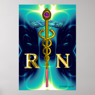 GOLD CADUCEUS REGISTERED NURSE SYMBOL Teal Blue Poster