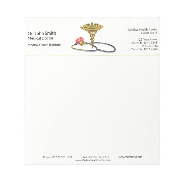 Gold Caduceus & Stethoscope with Heart Medical Notepad (Front)