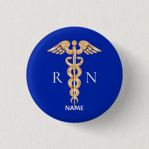 Gold Caduceus Symbol & Registered Nurse Monogram 3 Cm Round Badge