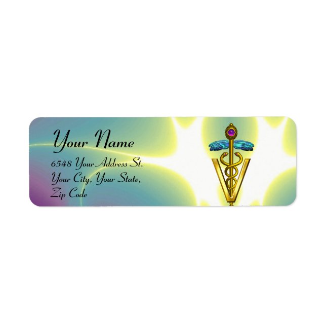 GOLD CADUCEUS VETERINARY SYMBOL Blue Green Return Address Label (Front)
