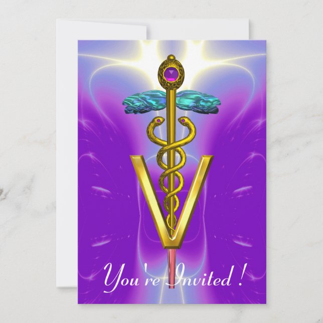 GOLD CADUCEUS VETERINARY SYMBOL Blue Purple Invitation (Front)