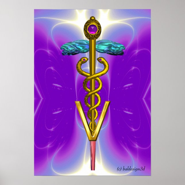 GOLD CADUCEUS VETERINARY SYMBOL Blue Purple Poster (Front)
