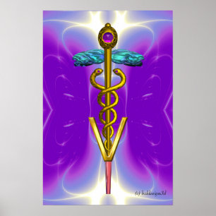 GOLD CADUCEUS VETERINARY SYMBOL Blue Purple Poster