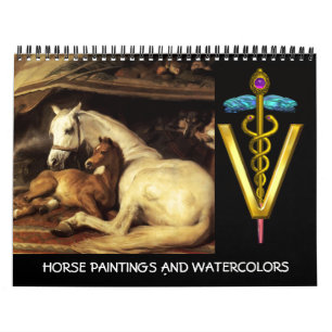 GOLD CADUCEUS VETERINARY SYMBOL HORSES FINE ART CALENDAR