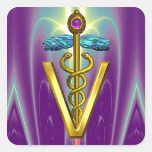 GOLD CADUCEUS VETERINARY SYMBOL Purple Green Square Sticker